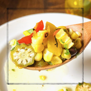 Grilled Corn Salad with Green Tomato Pickled Pepper Hash and Okra - Copper Pot & Wooden Spoon