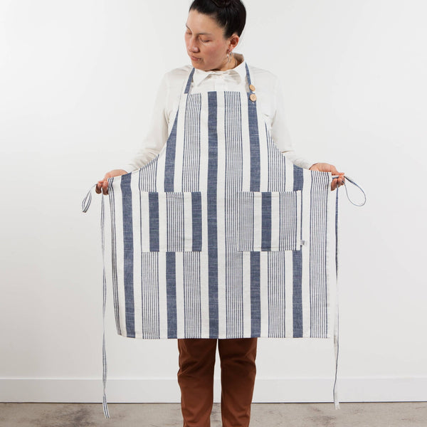 Blue Stripe Pocket Apron - Copper Pot & Wooden Spoon