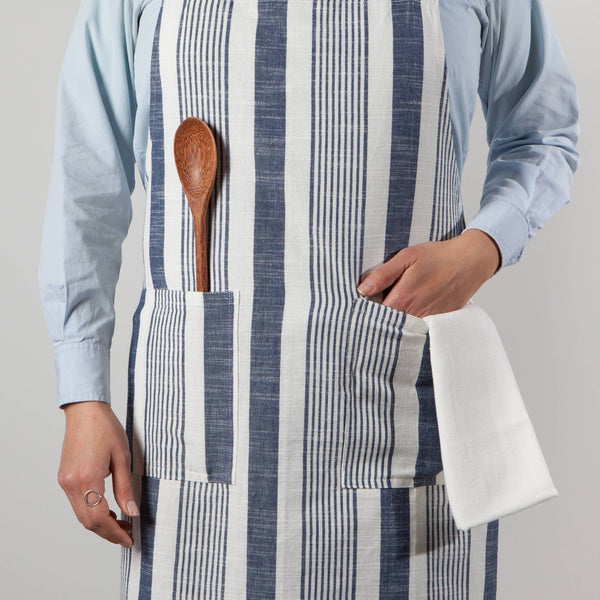 Blue Stripe Pocket Apron - Copper Pot & Wooden Spoon