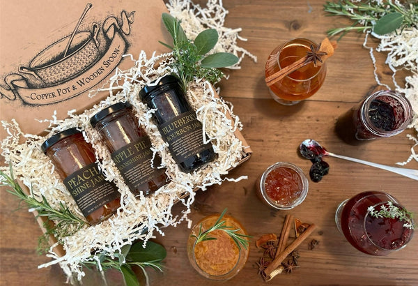 Boozy Jam Trio - Peach Shine, Bourbon Blueberry, Apple Pie - Copper Pot & Wooden Spoon