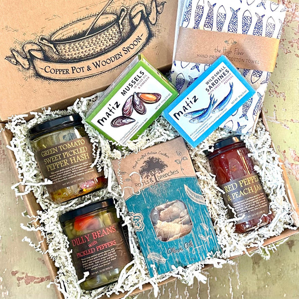 Feast of the Fishes - Tinned Fish and Pickle Gift Box - Copper Pot & Wooden Spoon