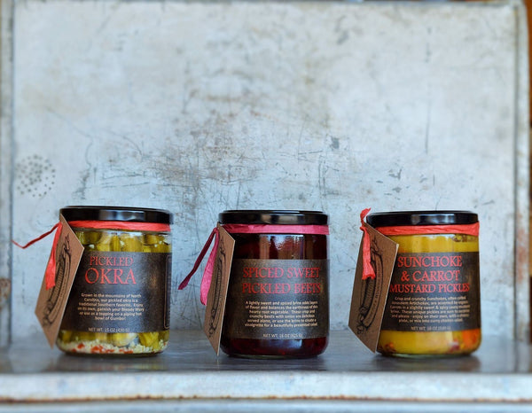 Vegetable Pickle Favorites Gift Box - Okra, Beets, Honey Pickled Jalapeños, and Garlic Dill Pickles - Copper Pot & Wooden Spoon