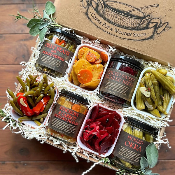 Vegetable Pickle Favorites Gift Box -Okra, Beets, Watermelon Pickles, and Green Tomato Pepper Hash - Copper Pot & Wooden Spoon