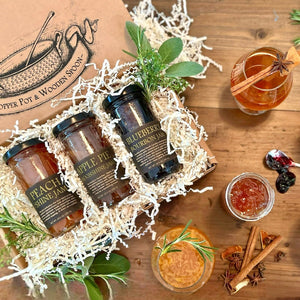 Boozy Jam Trio - Peach Shine, Bourbon Blueberry, Apple Pie - Copper Pot & Wooden Spoon