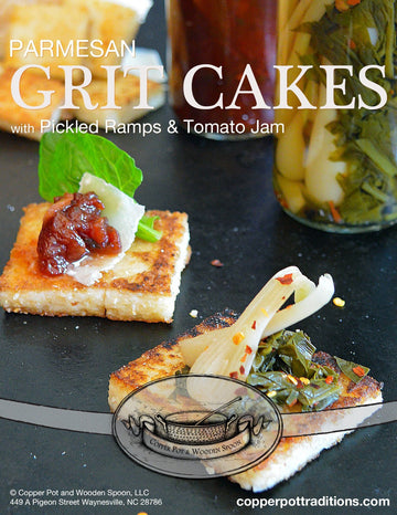 Parmesan Grit Cakes with Pickled Ramps & Tomato Jam - Copper Pot & Wooden Spoon