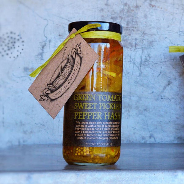 SWEET Green Tomato and Pickled Pepper Hash - Copper Pot & Wooden Spoon