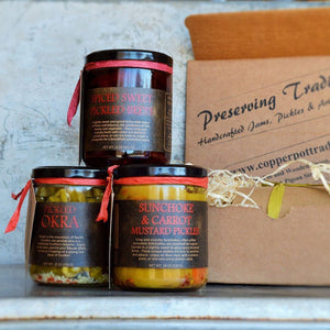 Vegetable Pickle Favorites Gift Box - Okra, Beets, Honey Pickled Jalapeños, and Garlic Dill Pickles - Copper Pot & Wooden Spoon