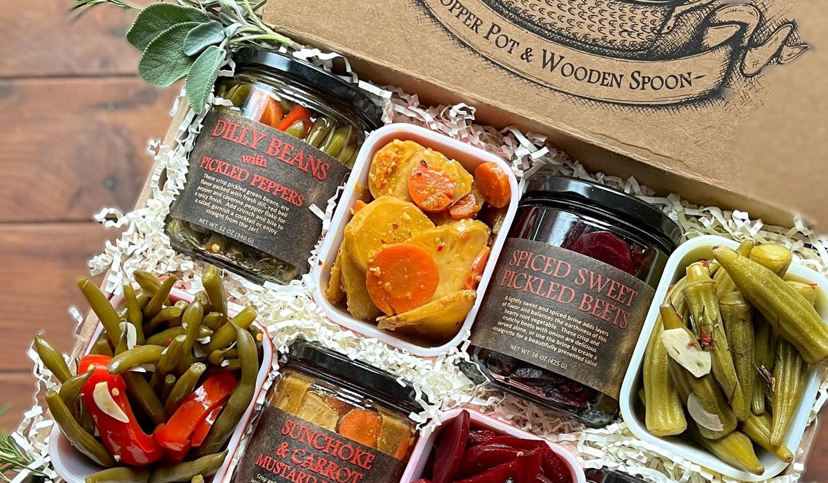 Vegetable Pickle Favorites Gift Box -Okra, Beets, Watermelon Pickles, and Green Tomato Pepper Hash - Copper Pot & Wooden Spoon