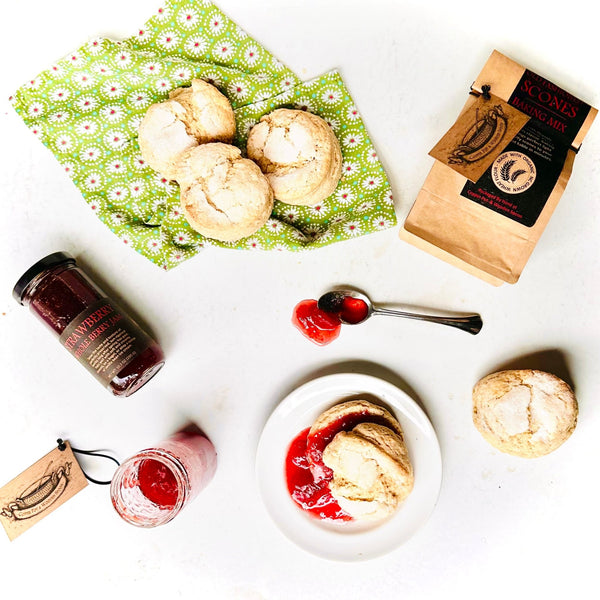 Warm & Jammy Gift Box -- Strawberry Whole Berry Jam and Old Fashioned Scone Mix - Copper Pot & Wooden Spoon