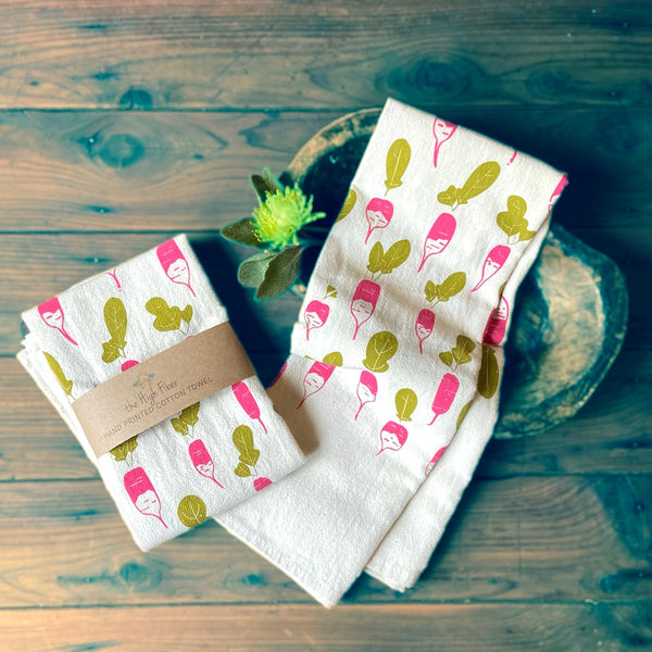 Handprinted Cotton Kitchen Towel from The High Fiber - Copper Pot & Wooden Spoon