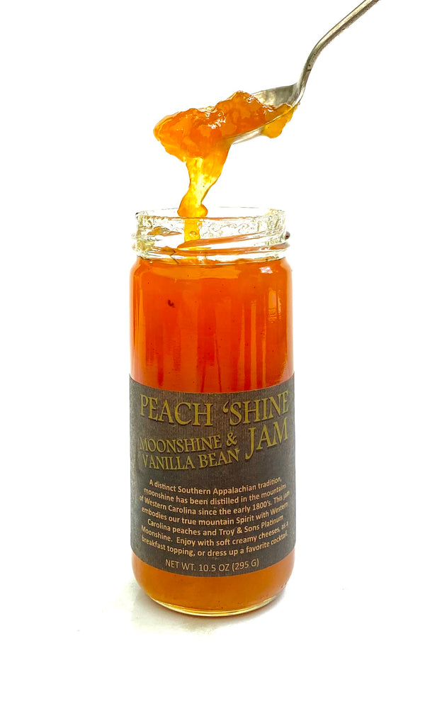 Peach 'Shine Jam - Moonshine & Vanilla Bean - Copper Pot & Wooden Spoon