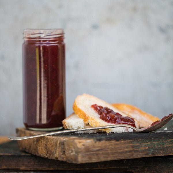 Raspberry Rhubarb Jam - Copper Pot & Wooden Spoon